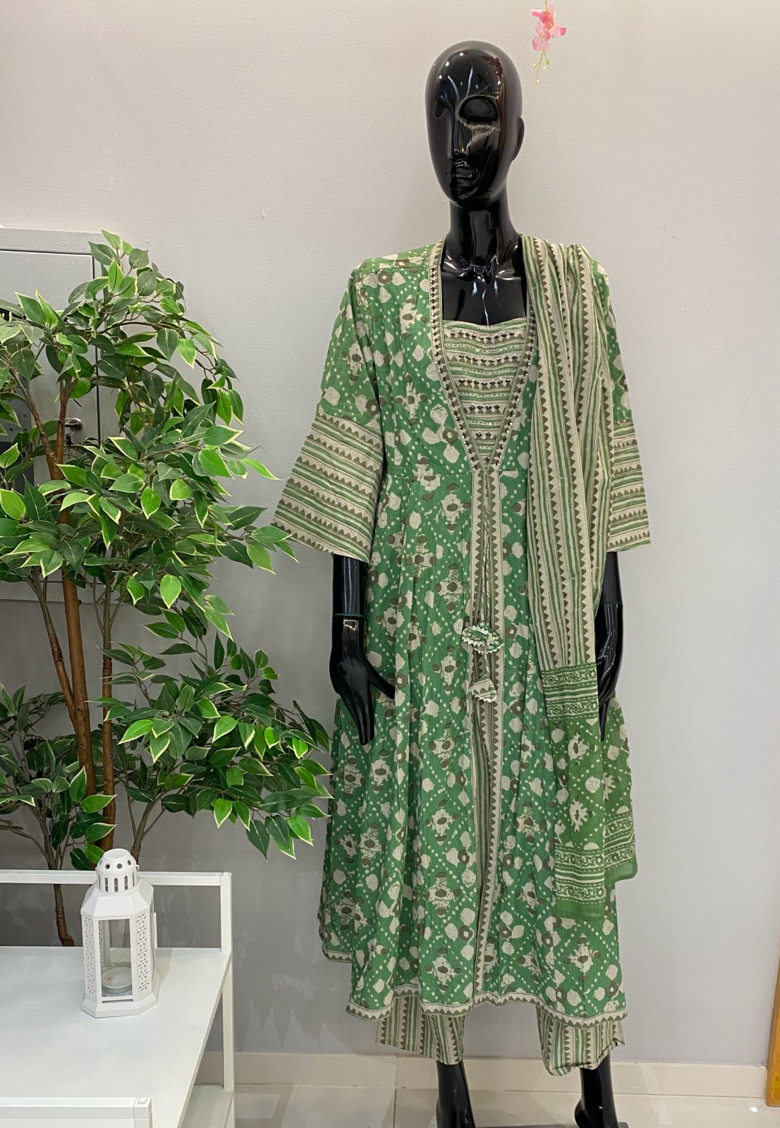 Green and grey color flared dupatta set