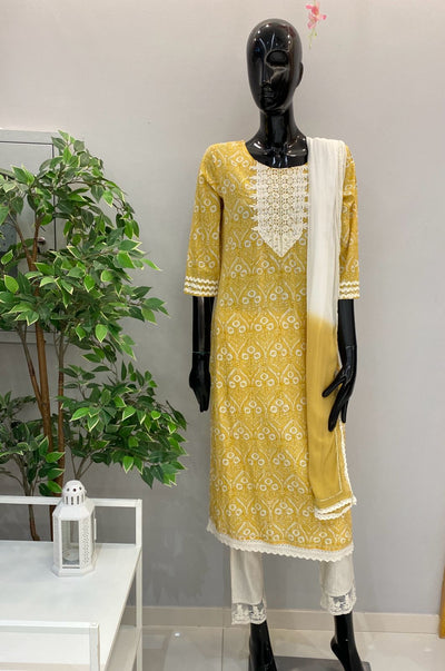 Yellow and off-white color Dupatta set