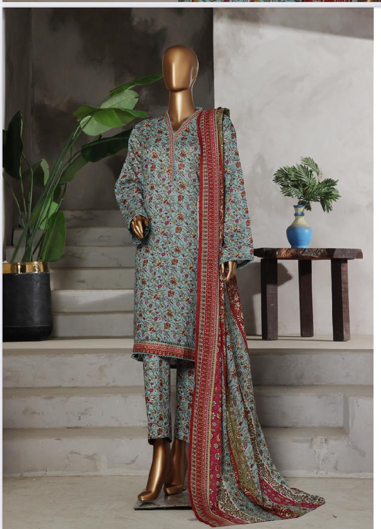DUPATTA SET GREEN FLORAL - LAWN COTTON WITH LACE WORK