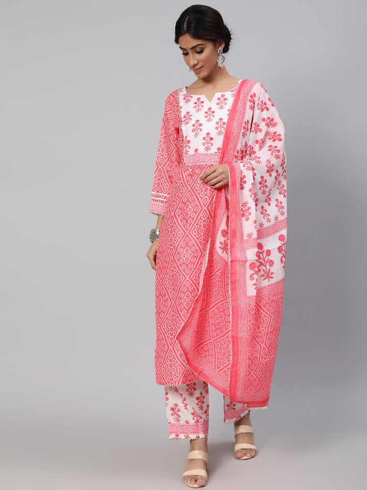 DUPATTA SET - Pink & White Floral Printed Straight Kurta & Pant with Dupatta Set