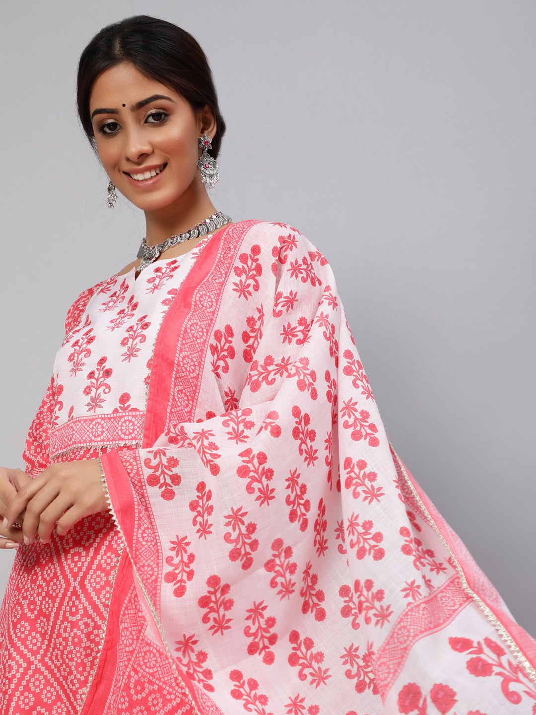 DUPATTA SET - Pink & White Floral Printed Straight Kurta & Pant with Dupatta Set