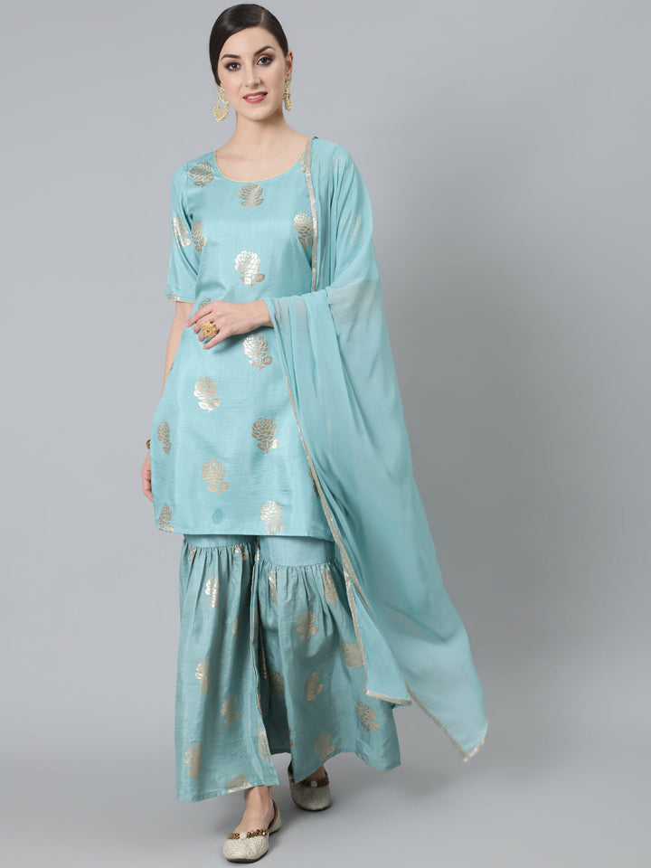 DUPATTA SET - Gold Foil Printed Straight Kurta with Sharara