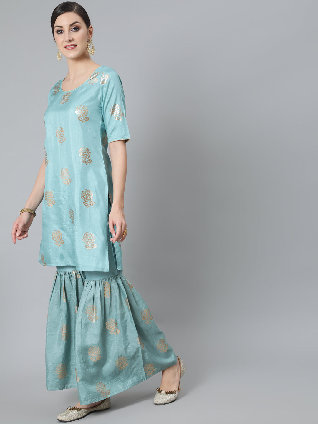 DUPATTA SET - Gold Foil Printed Straight Kurta with Sharara