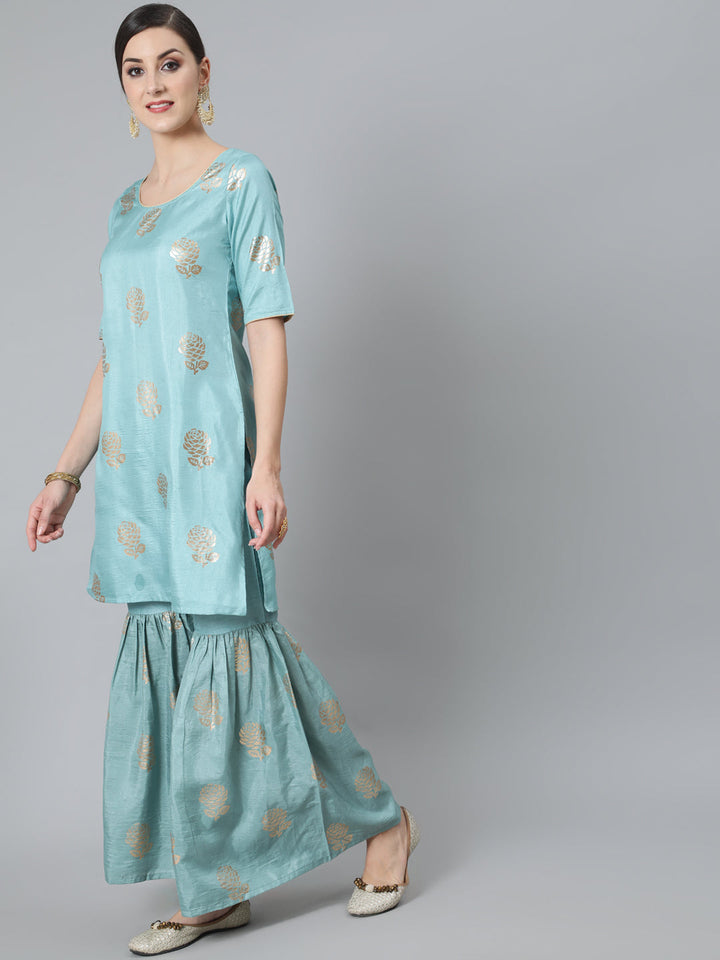 DUPATTA SET - Gold Foil Printed Straight Kurta with Sharara