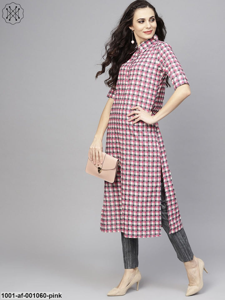 KURTA PANT - Pink & Grey Checked Printed Kurta with Pant