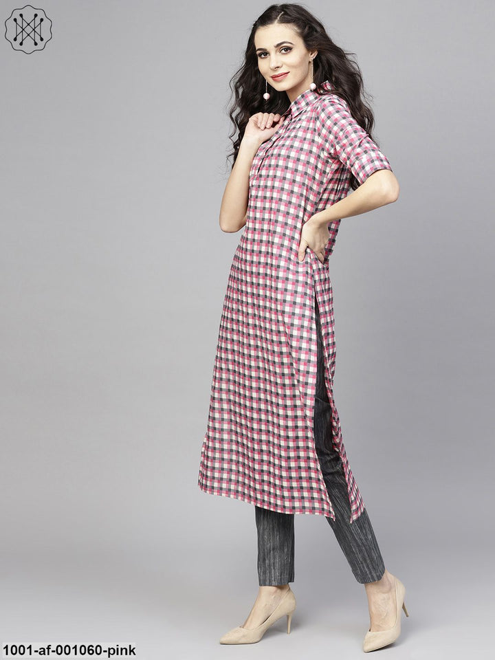 KURTA PANT - Pink & Grey Checked Printed Kurta with Pant