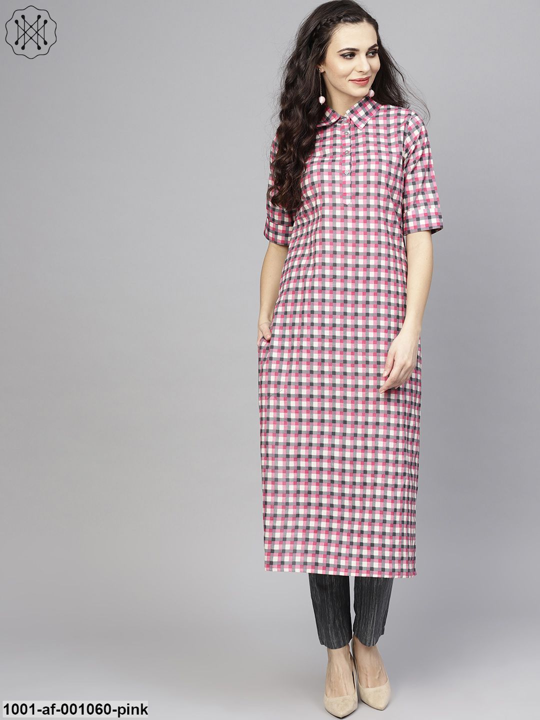 KURTA PANT - Pink & Grey Checked Printed Kurta with Pant