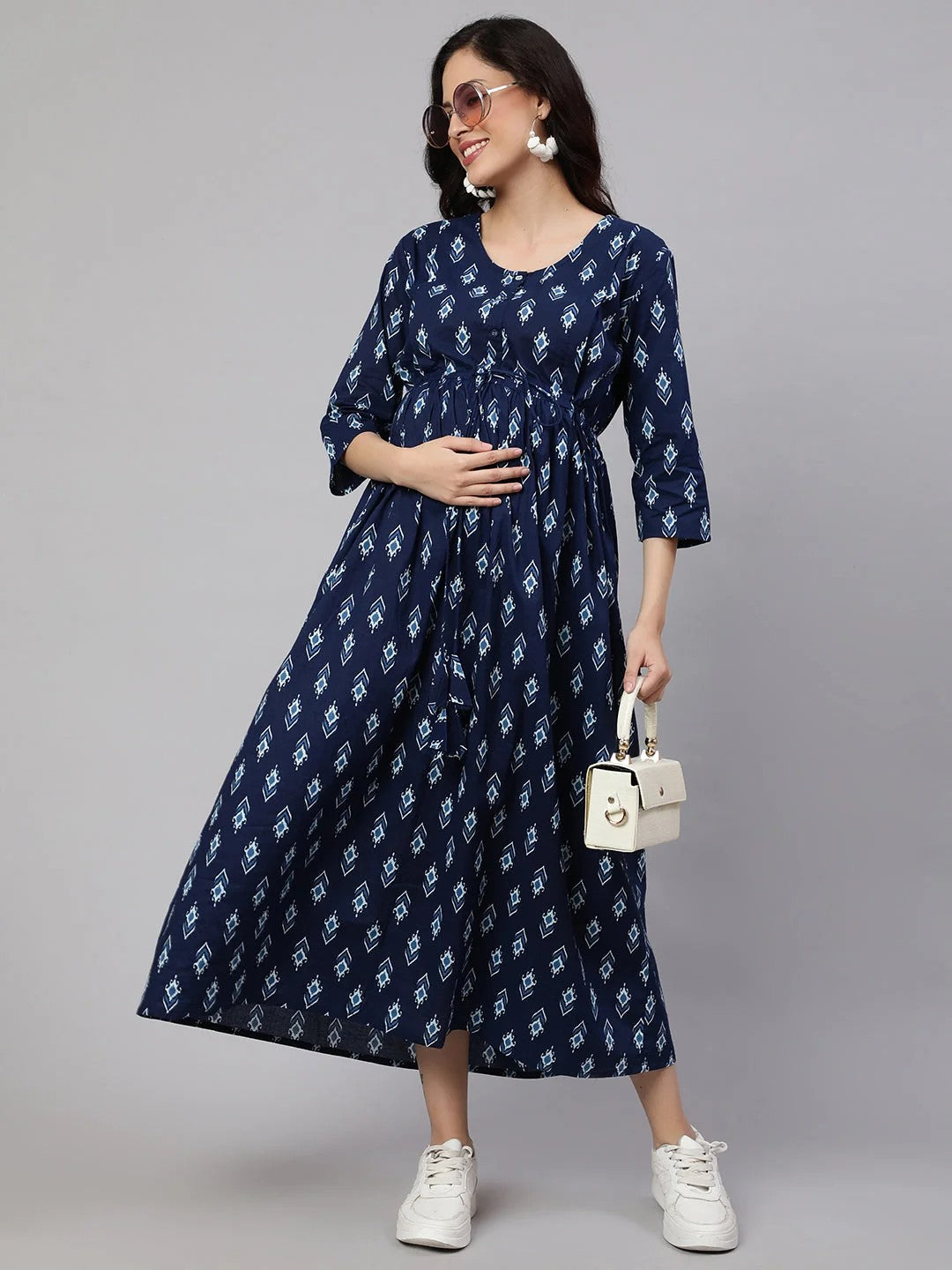 DRESS-Maternity Blue Cotton Flared Printed