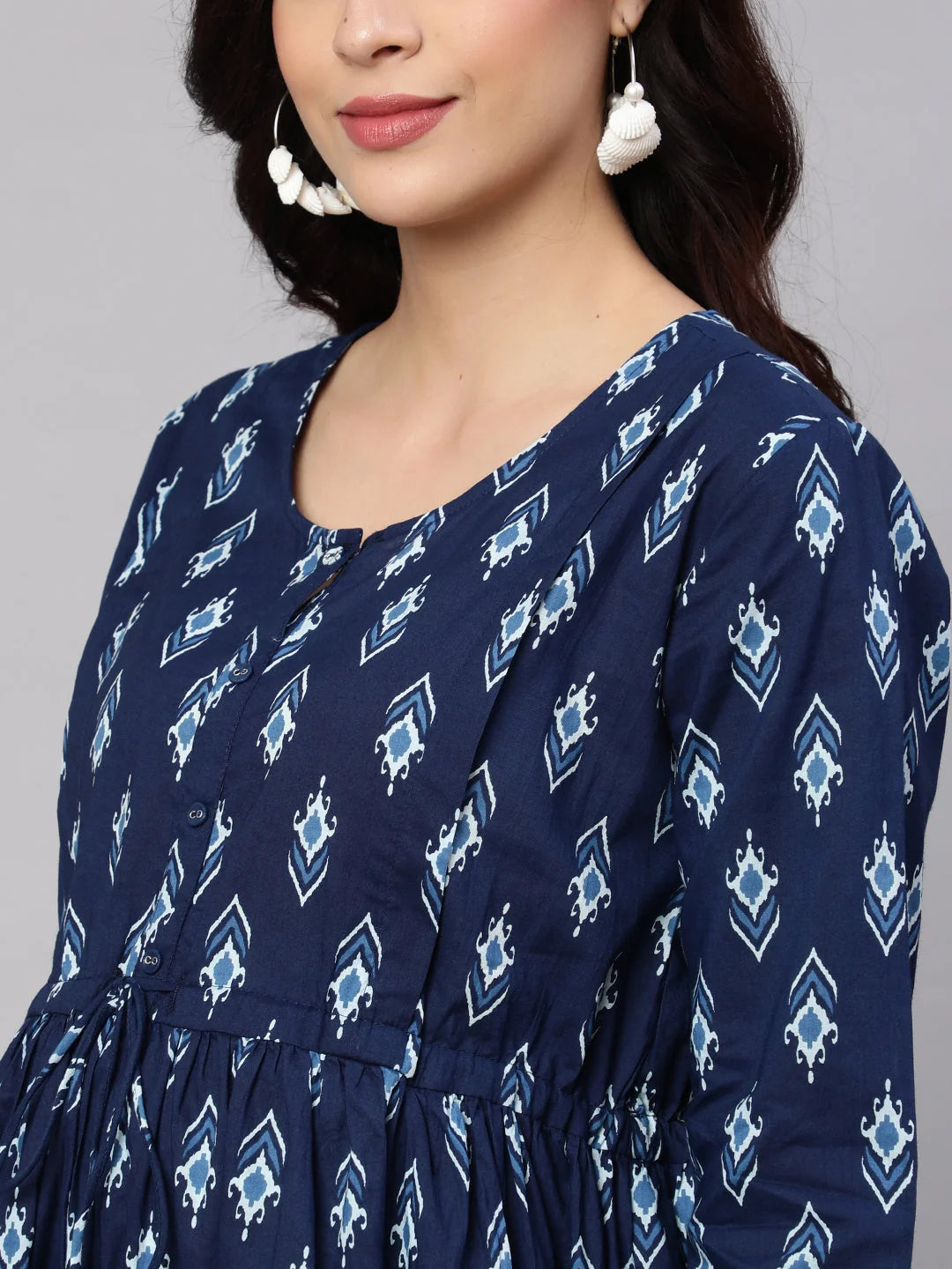 DRESS-Maternity Blue Cotton Flared Printed