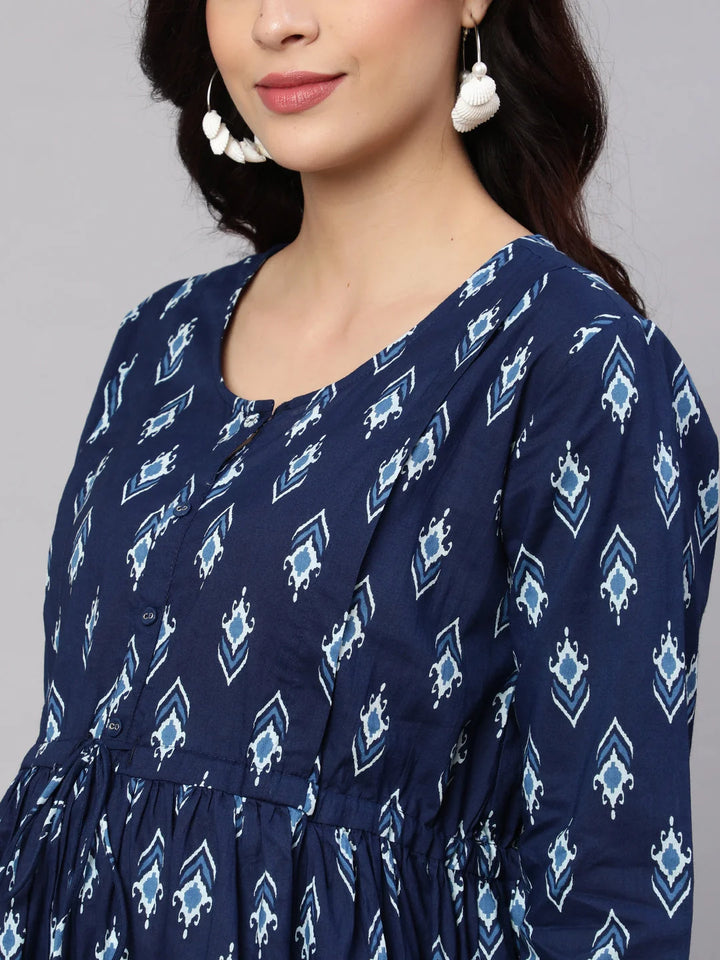 DRESS-Maternity Blue Cotton Flared Printed