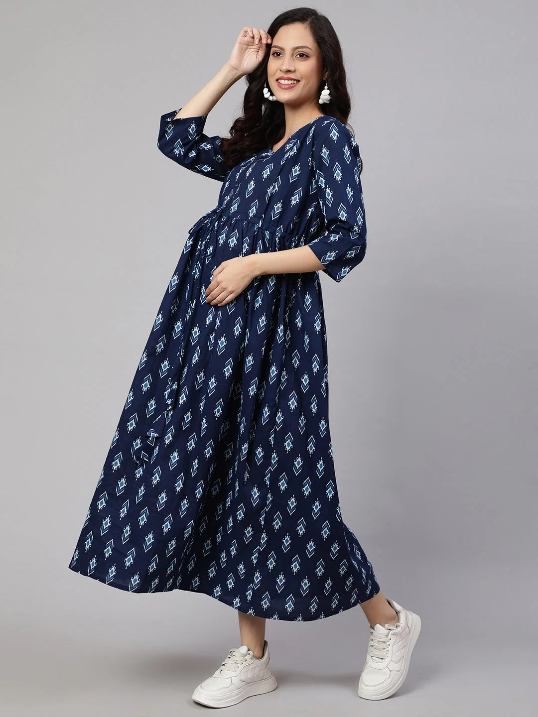 DRESS-Maternity Blue Cotton Flared Printed
