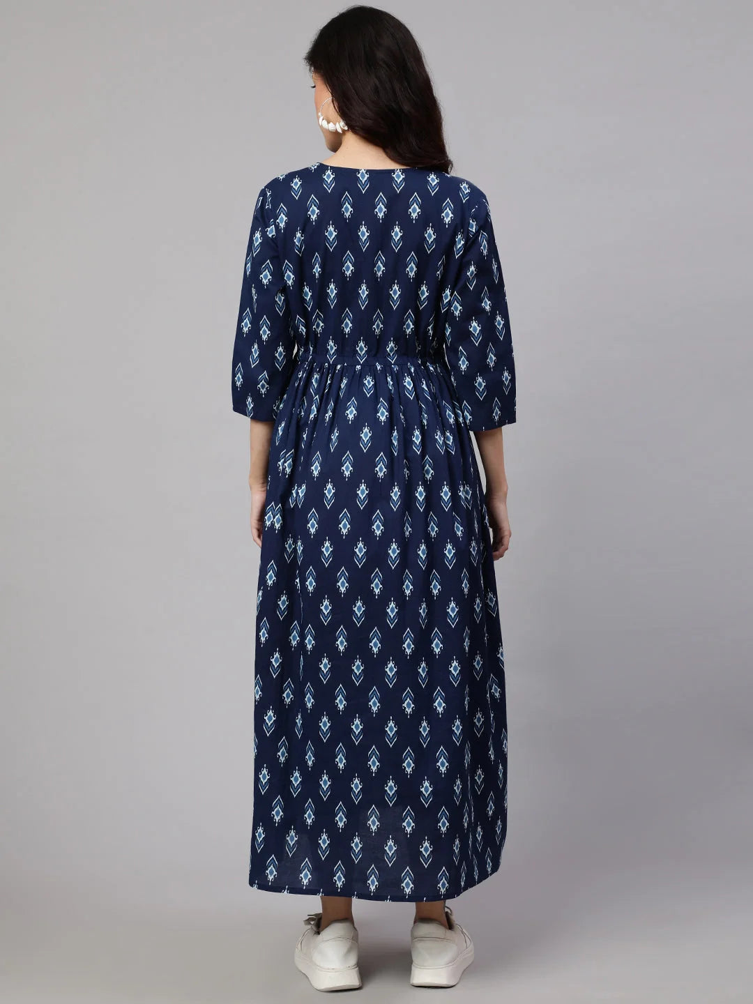 DRESS-Maternity Blue Cotton Flared Printed