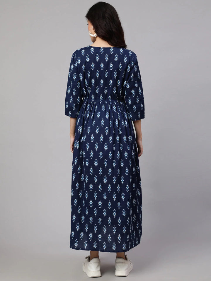 DRESS-Maternity Blue Cotton Flared Printed