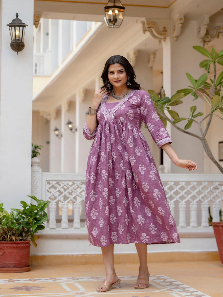 DRESS-Purple Ethnic Printed Flared Dress