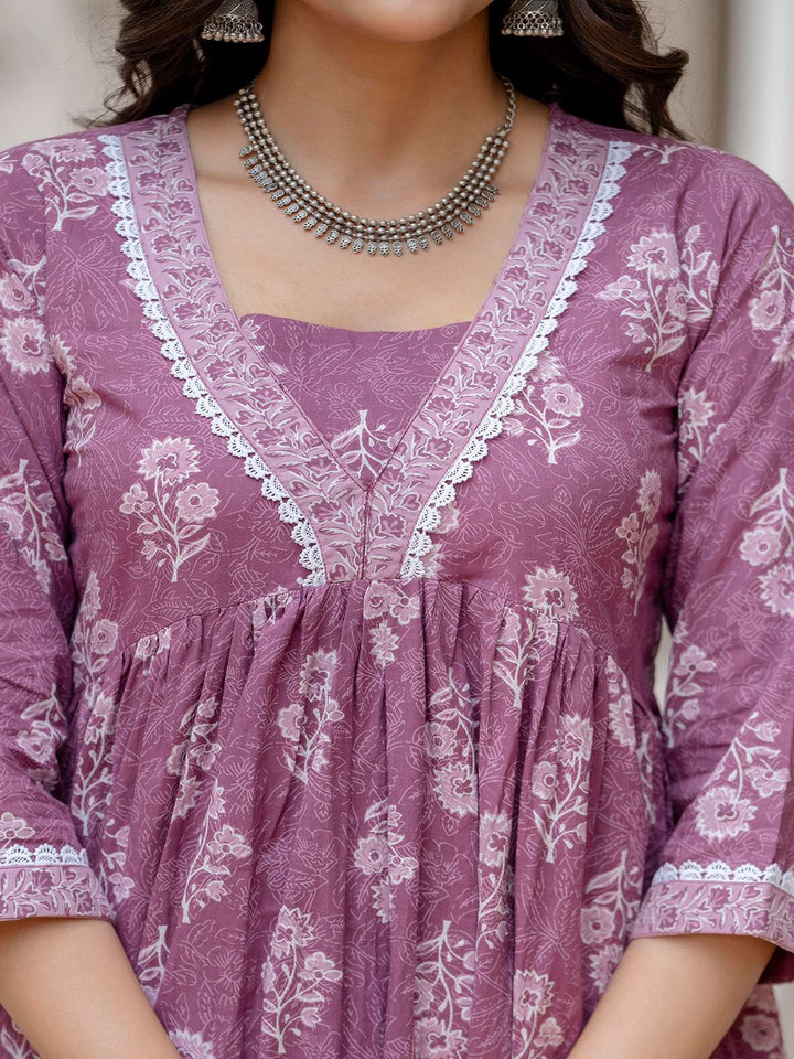 DRESS-Purple Ethnic Printed Flared Dress
