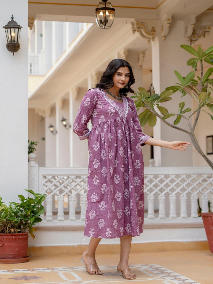 DRESS-Purple Ethnic Printed Flared Dress