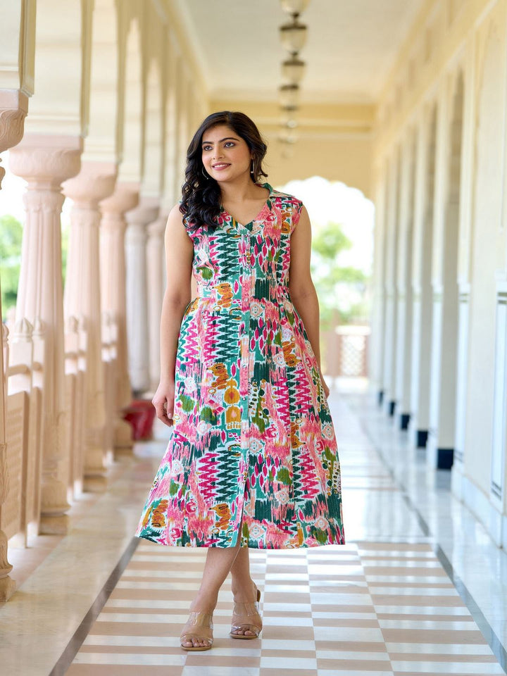 DRESS MULTICOLOR PRINTED SLEEVELESS A- LINE