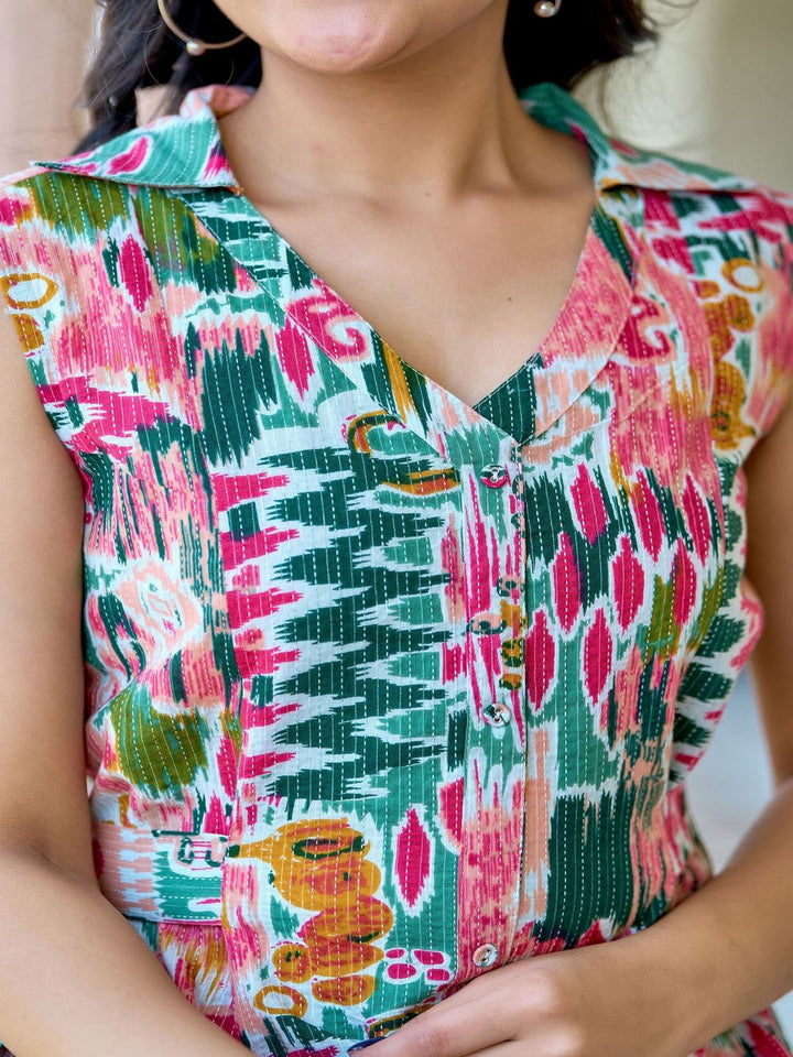 DRESS MULTICOLOR PRINTED SLEEVELESS A- LINE