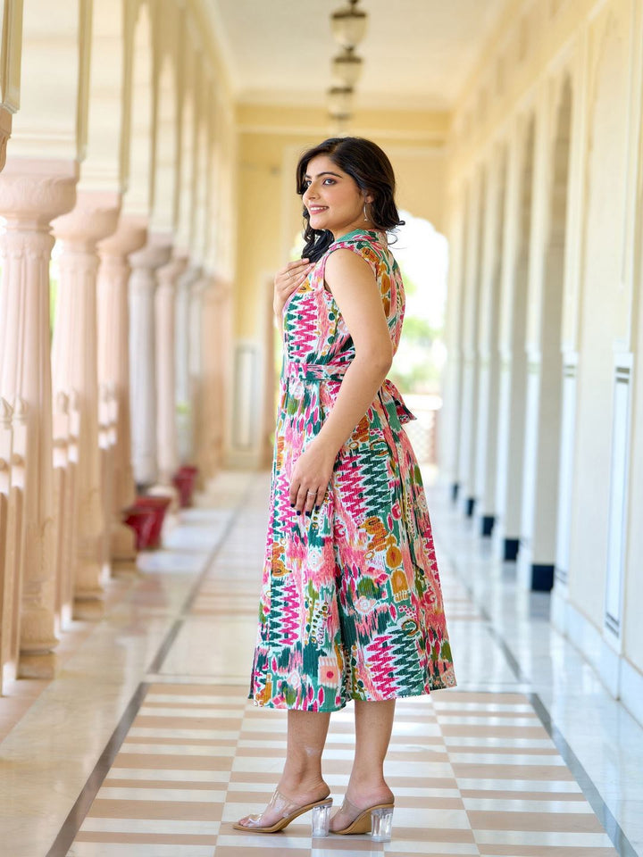 DRESS MULTICOLOR PRINTED SLEEVELESS A- LINE