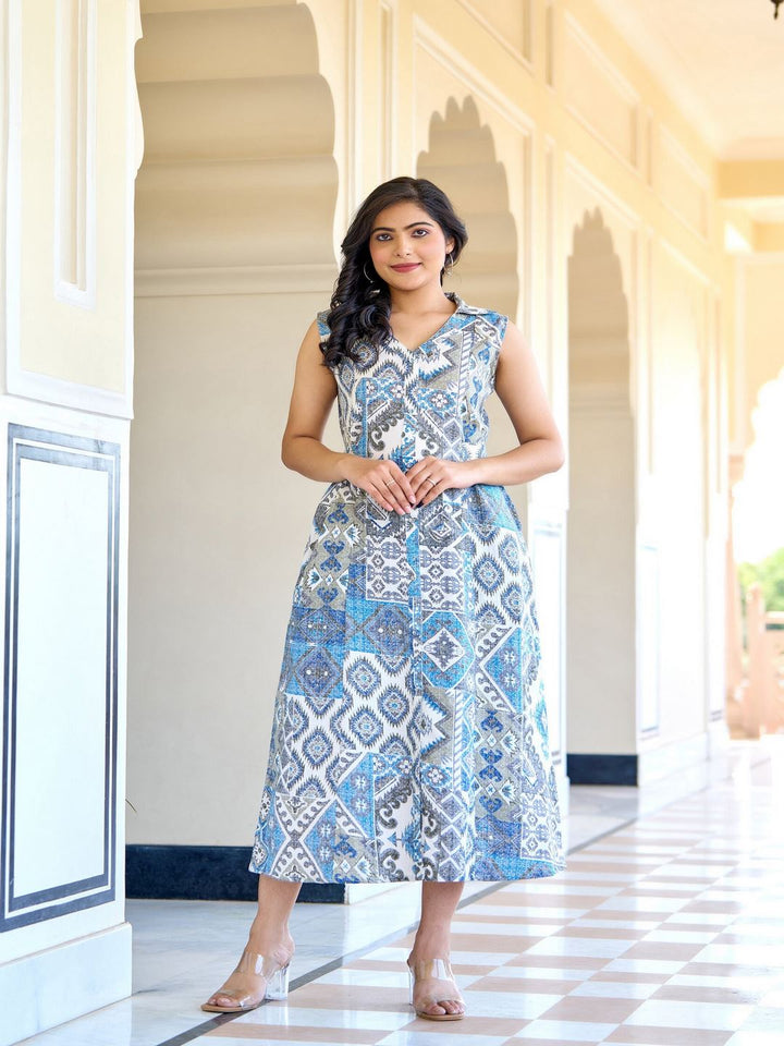 DRESS-Off White Abstract Printed Sleeveless