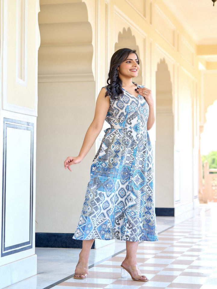 DRESS-Off White Abstract Printed Sleeveless