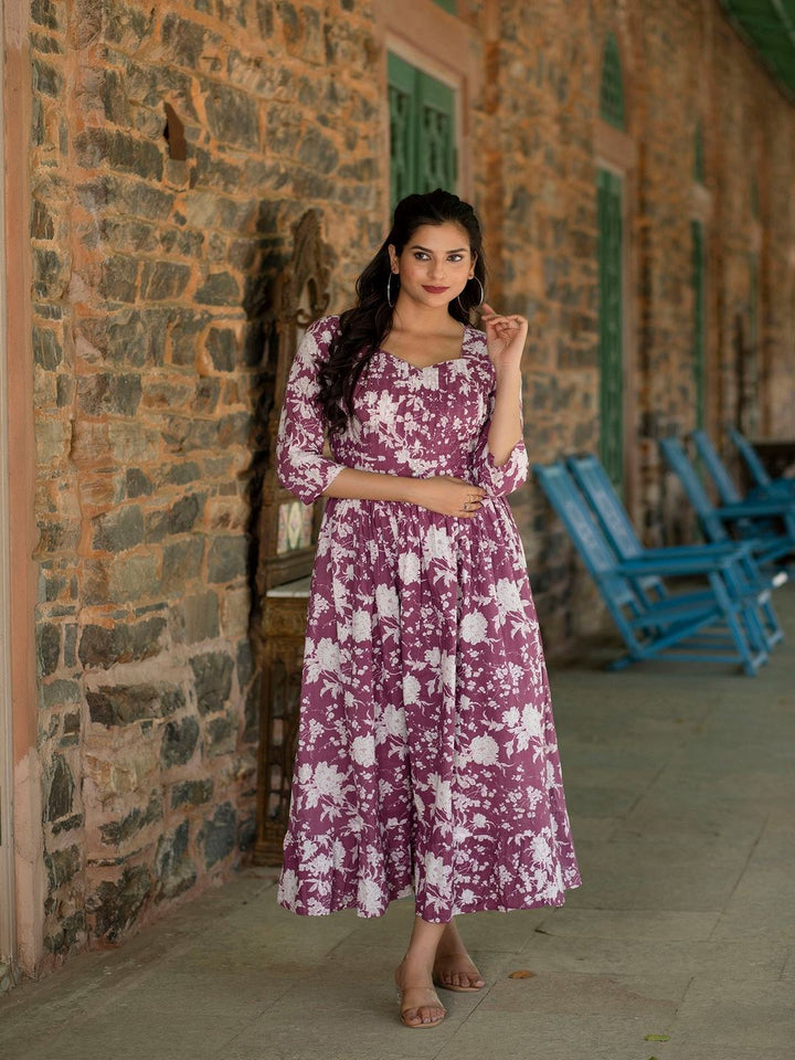 DRESS-Mauve Ethnic Printed Flared Dress