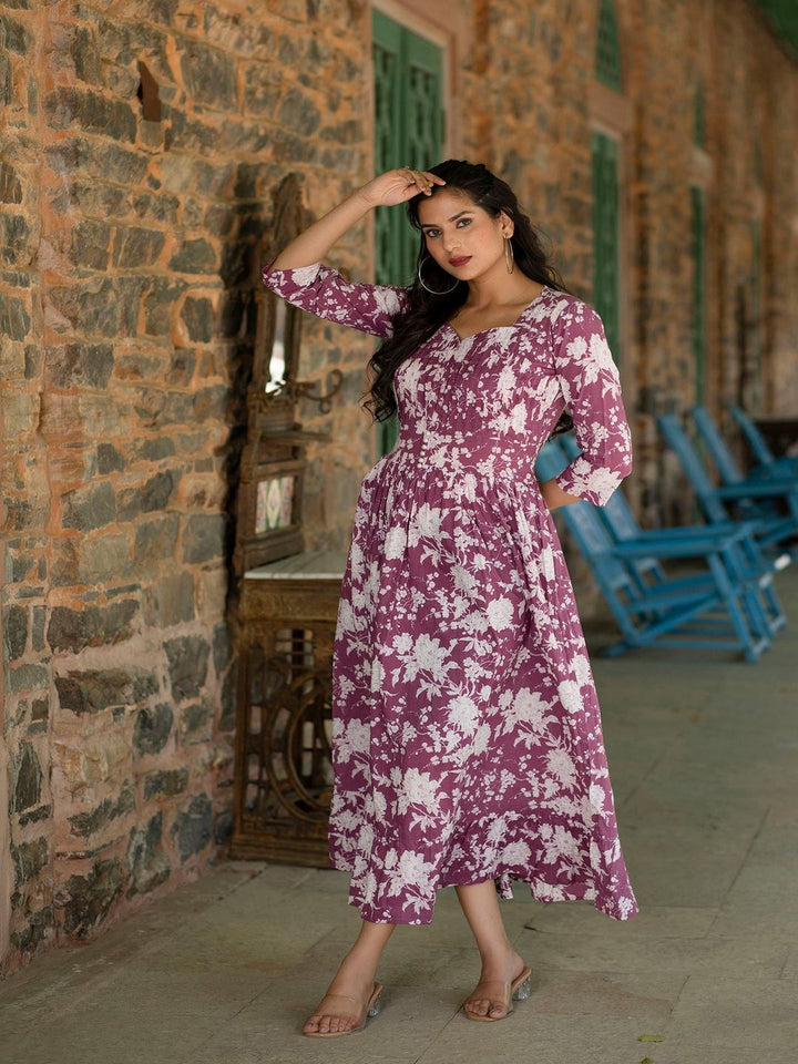 DRESS-Mauve Ethnic Printed Flared Dress