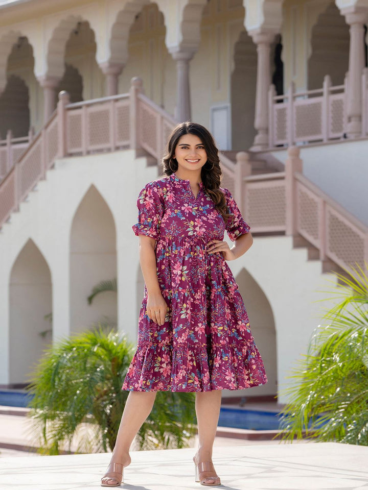 TUNIC-Burgundy Printed Flared Dress
