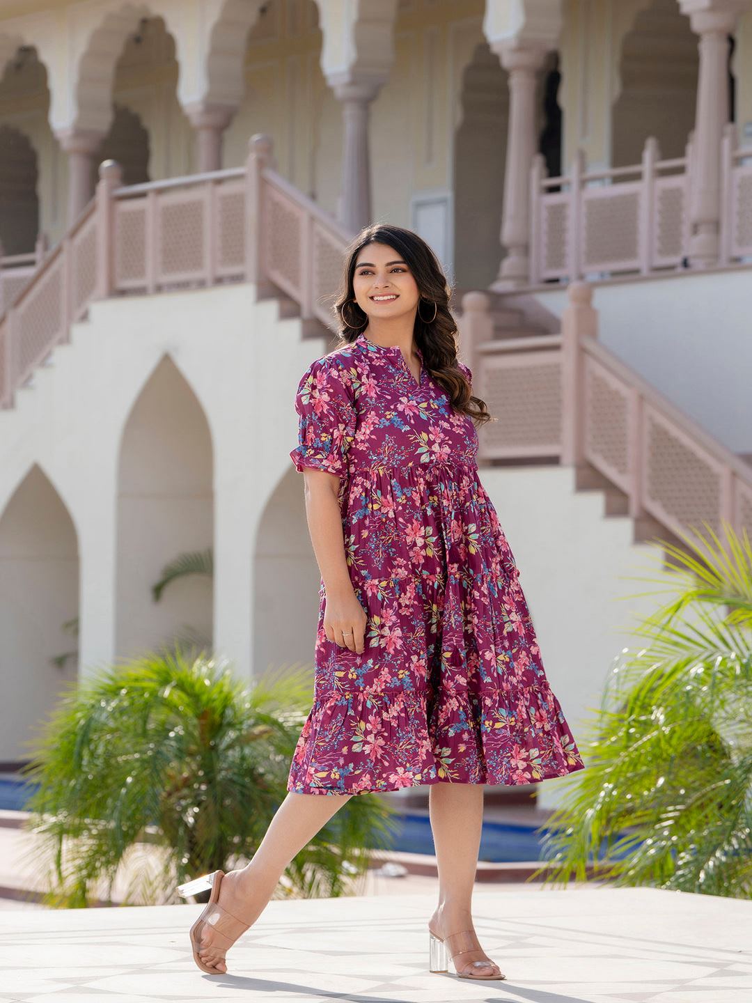 TUNIC-Burgundy Printed Flared Dress