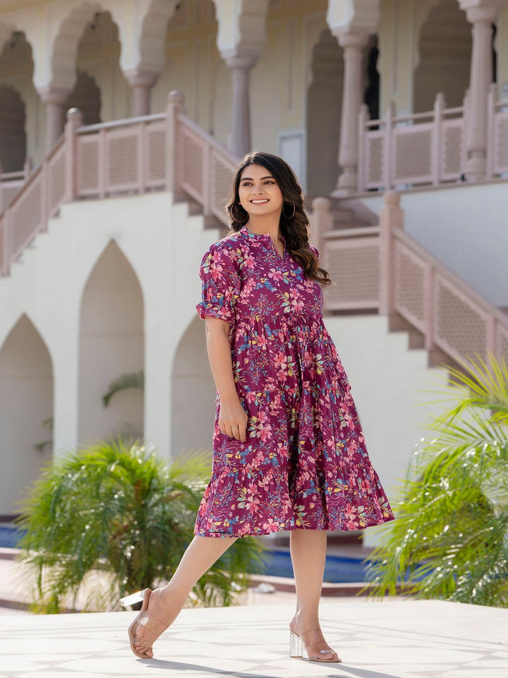 TUNIC-Burgundy Printed Flared Dress