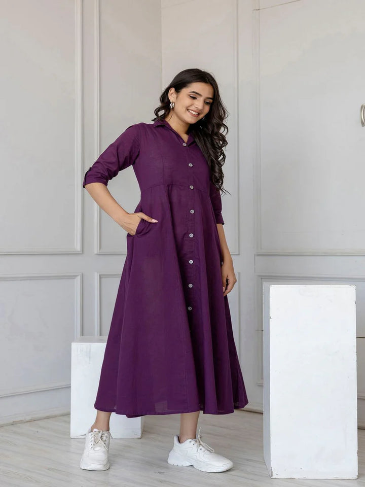 DRESS-Cotton Solid Flared Dress with Three Quarter Sleeves