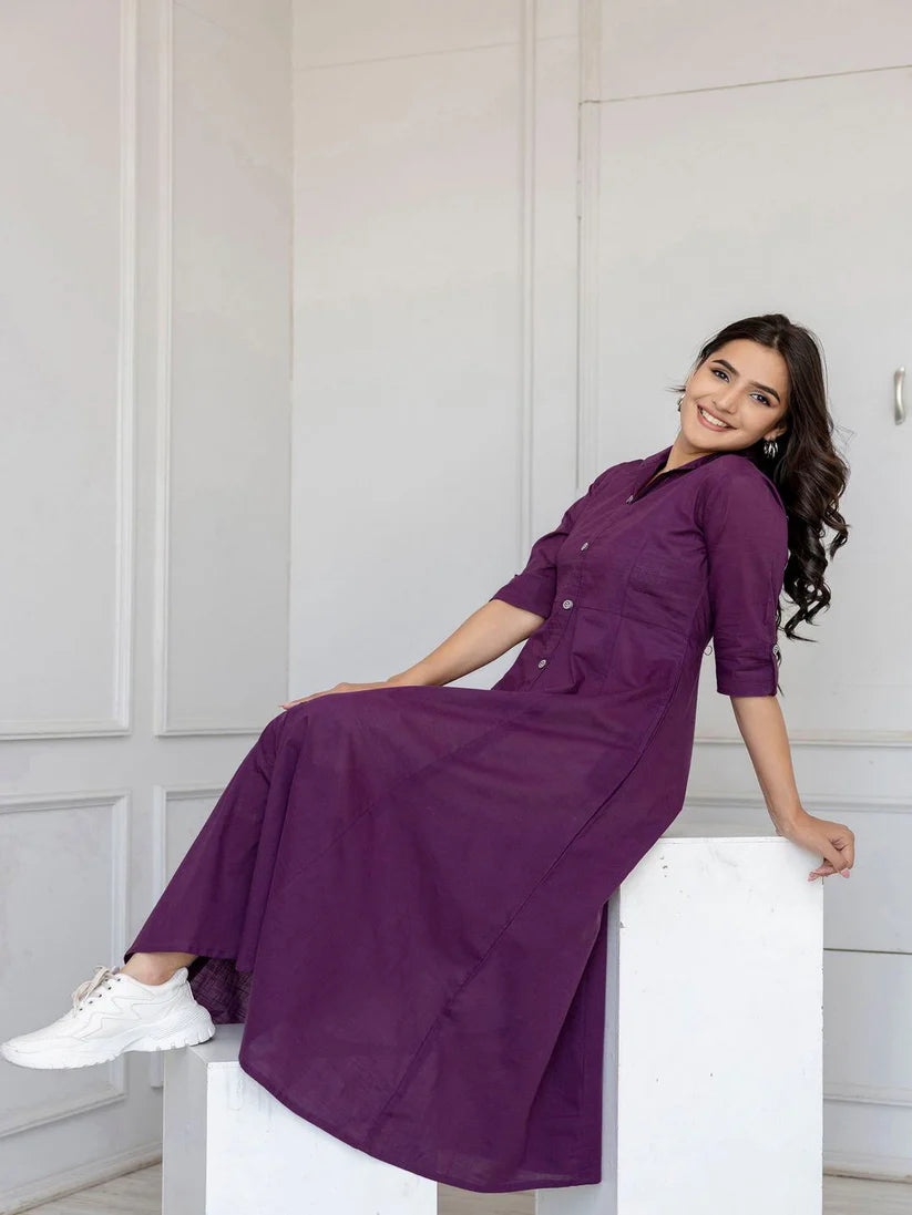 DRESS-Cotton Solid Flared Dress with Three Quarter Sleeves