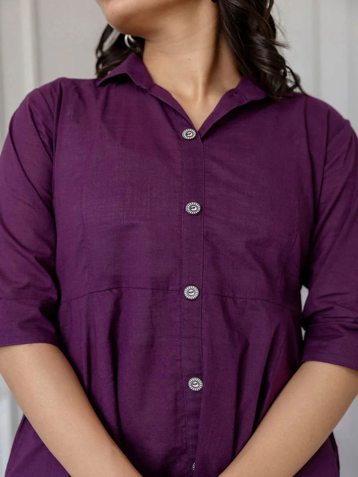 DRESS-Cotton Solid Flared Dress with Three Quarter Sleeves