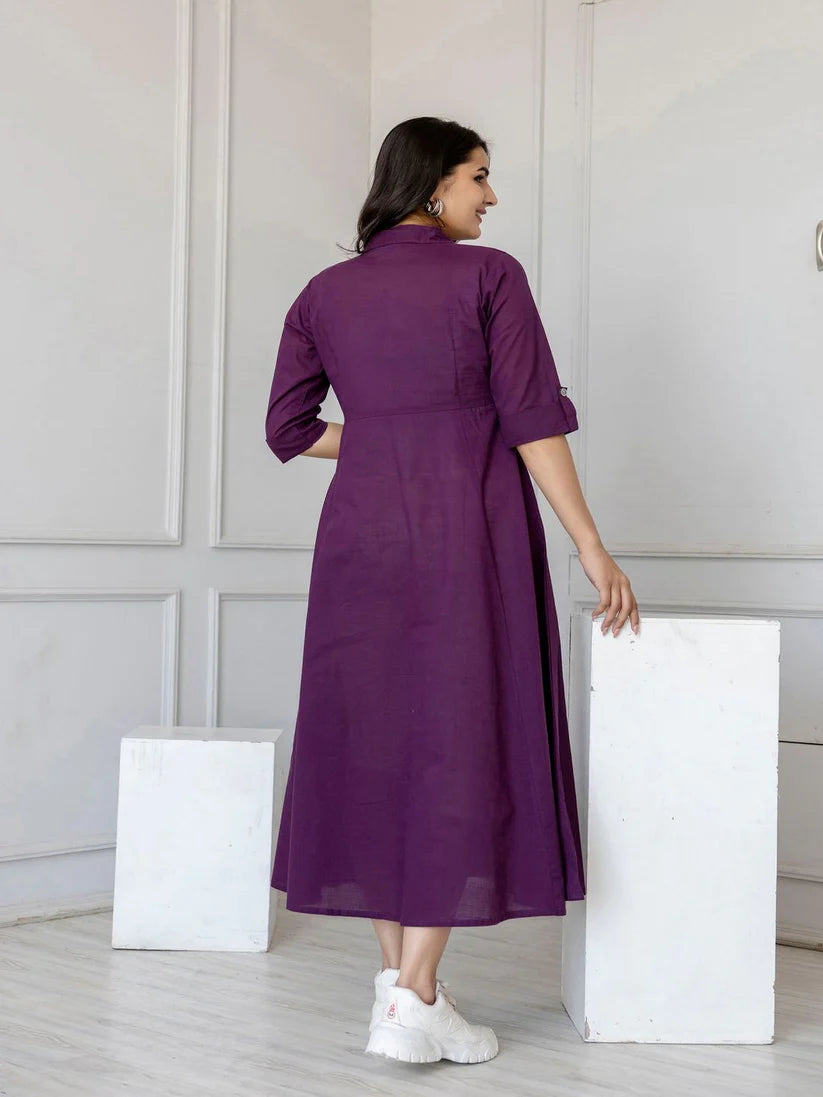 DRESS-Cotton Solid Flared Dress with Three Quarter Sleeves