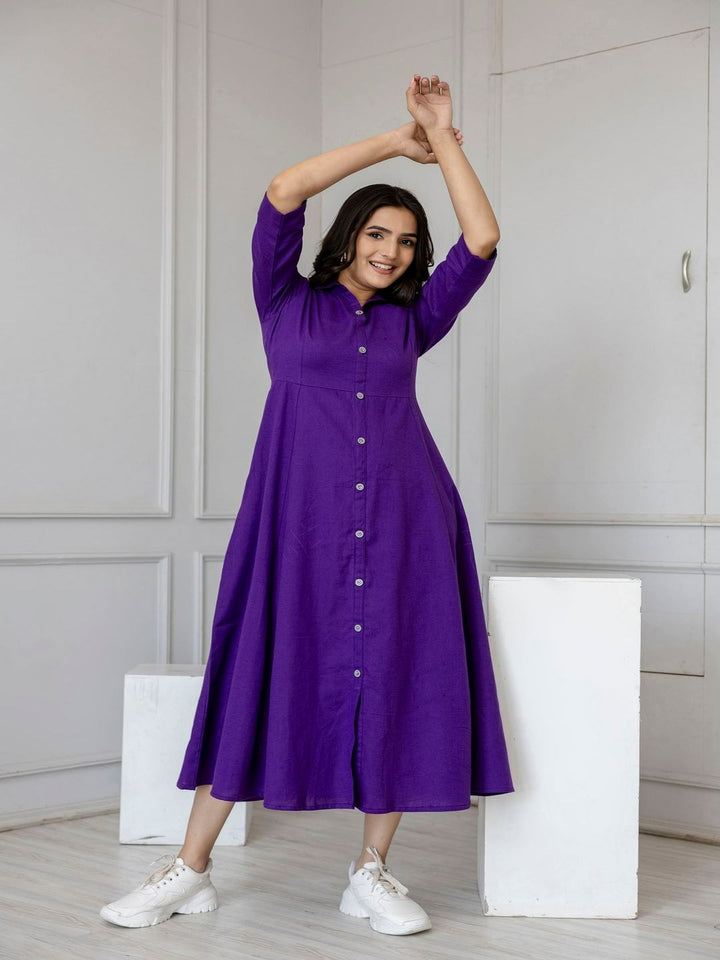 DRESS-Cotton Solid Flared Dress with Three Quarter Sleeves