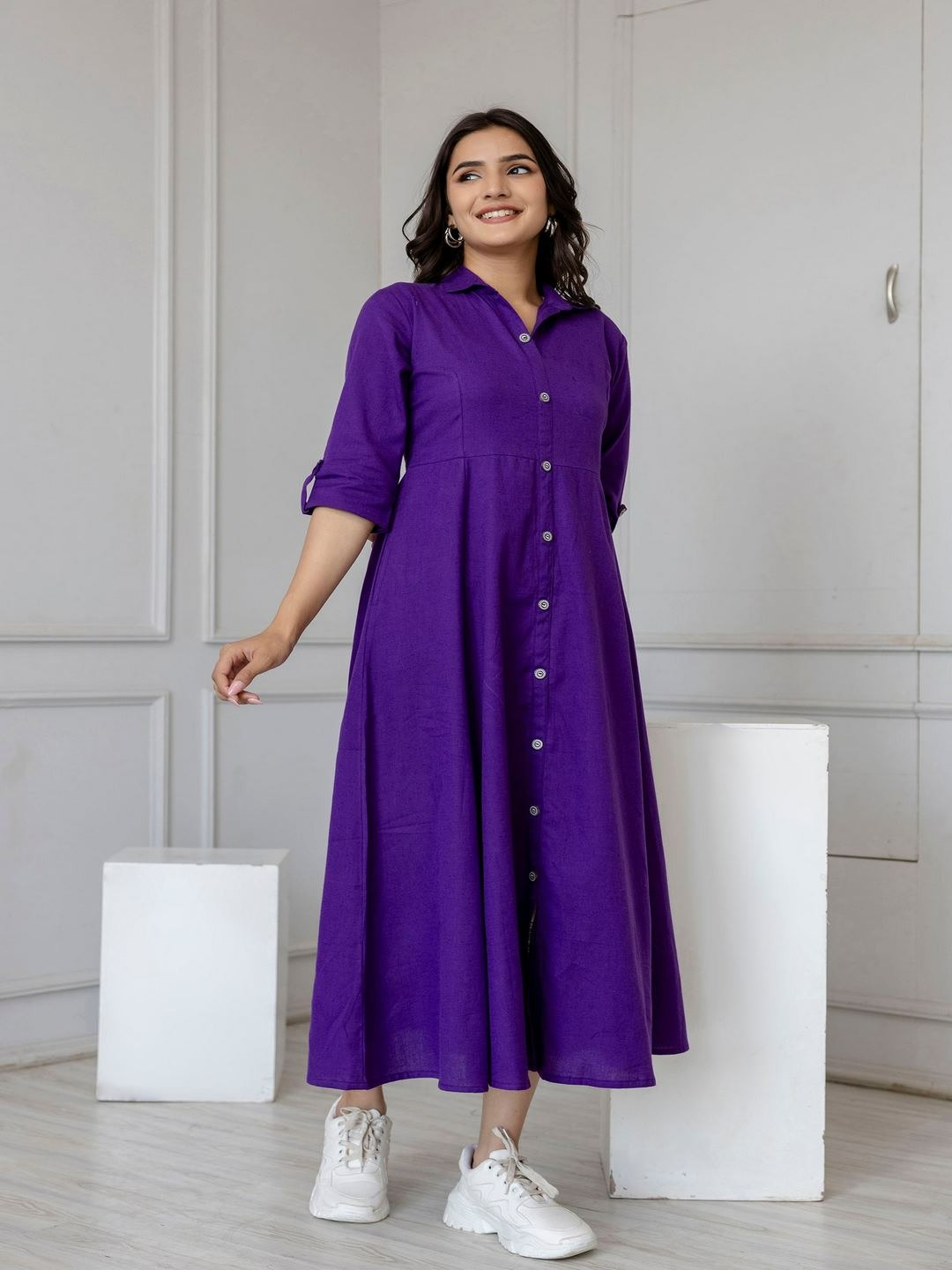 DRESS-Cotton Solid Flared Dress with Three Quarter Sleeves