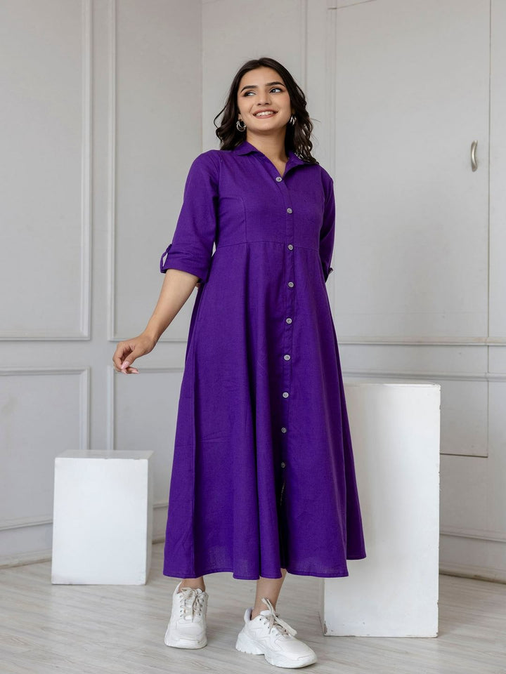 DRESS-Cotton Solid Flared Dress with Three Quarter Sleeves