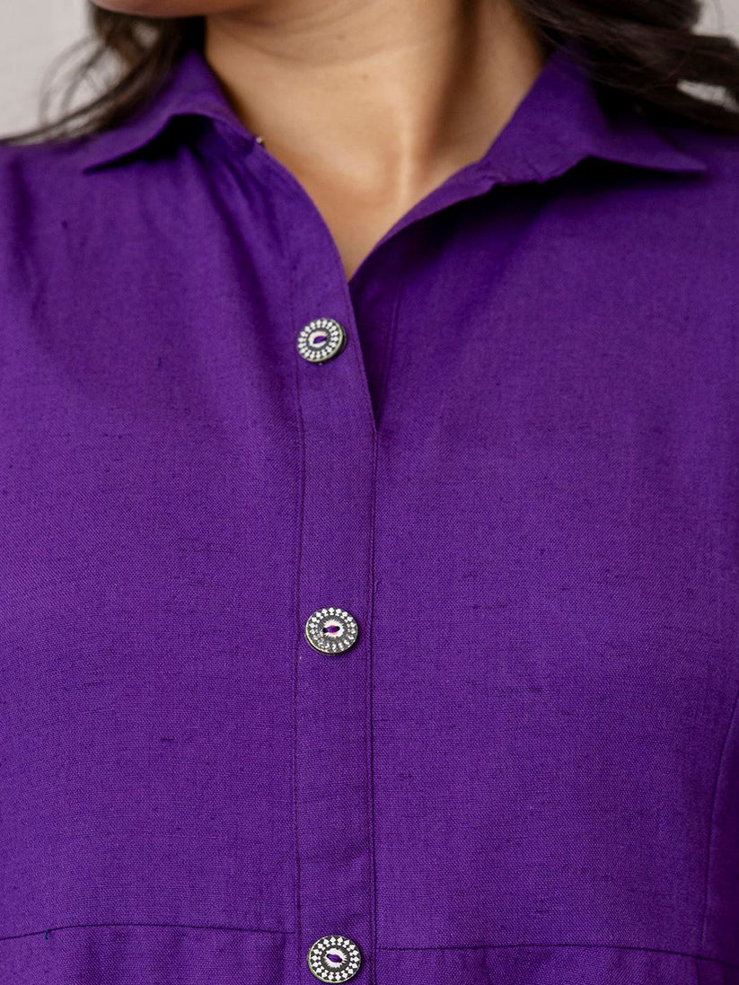 DRESS-Cotton Solid Flared Dress with Three Quarter Sleeves