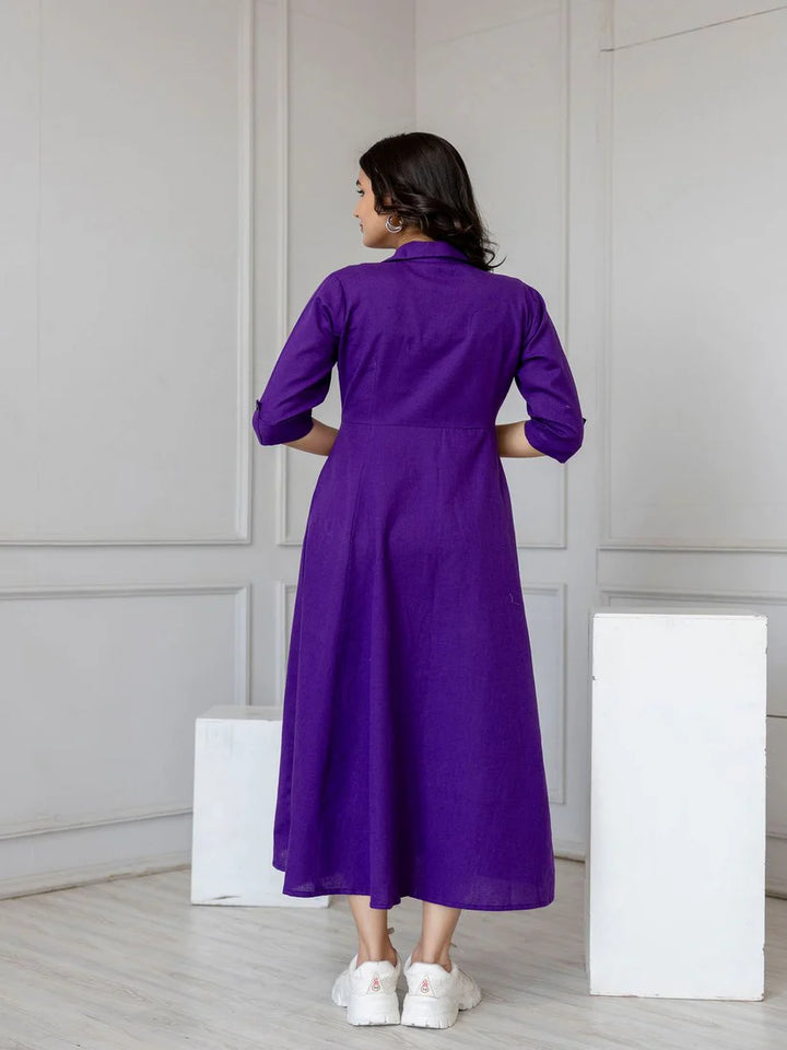 DRESS-Cotton Solid Flared Dress with Three Quarter Sleeves