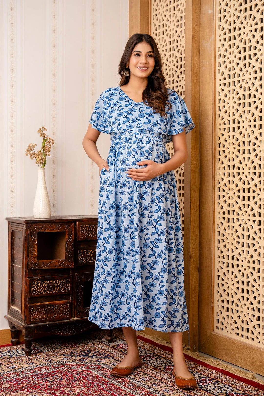 DRESS-Maternity Cotton Blue Printed