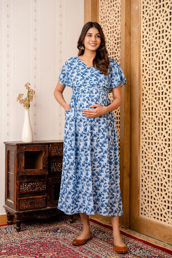 MATERNITY DRESS-Cotton Blue Printed