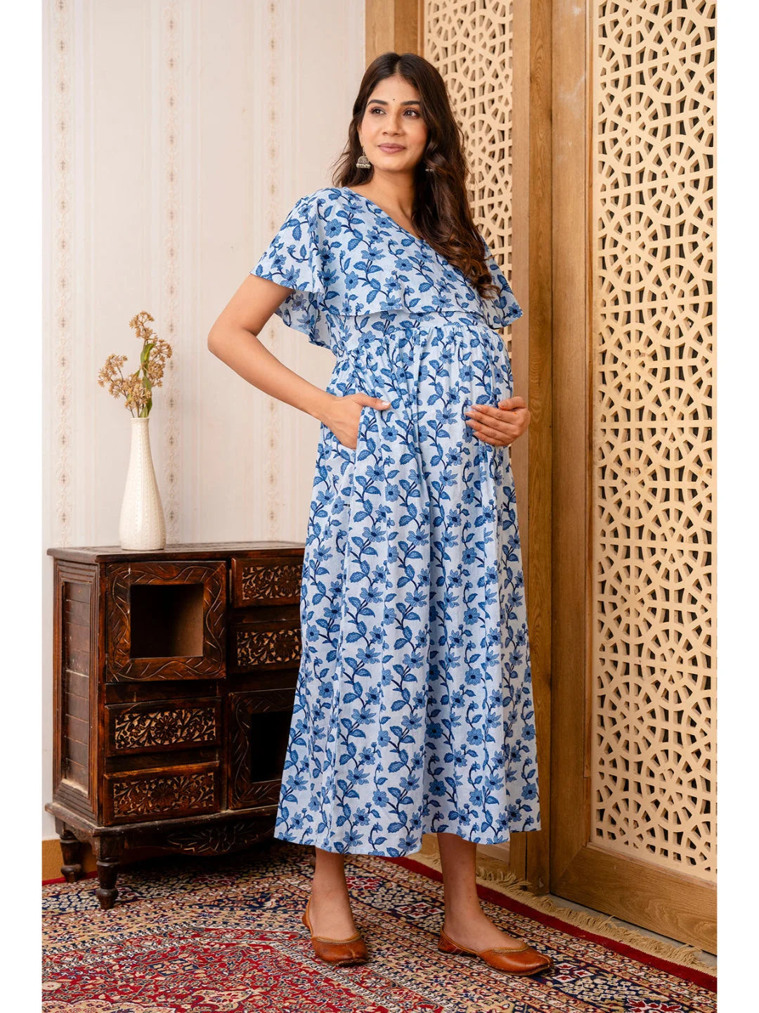 MATERNITY DRESS-Cotton Blue Printed