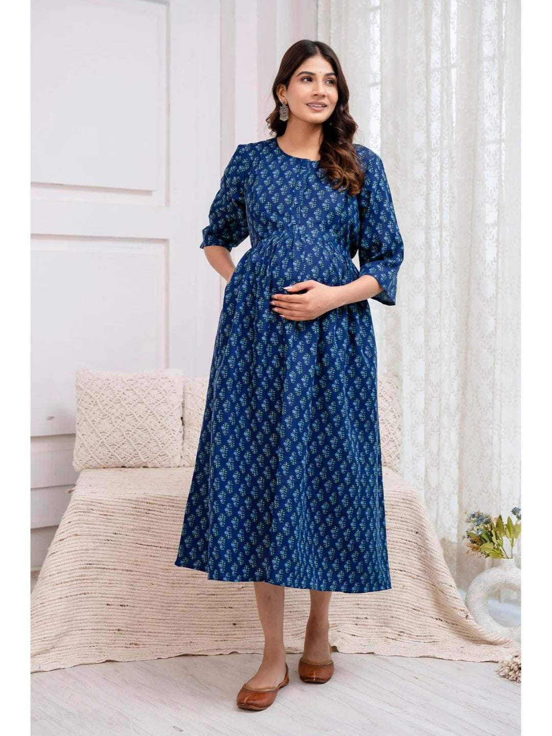 DRESS-Maternity Cotton Blue Printed