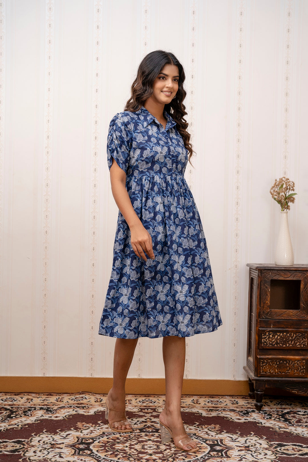 TUNIC-Navy Blue Printed midi dress