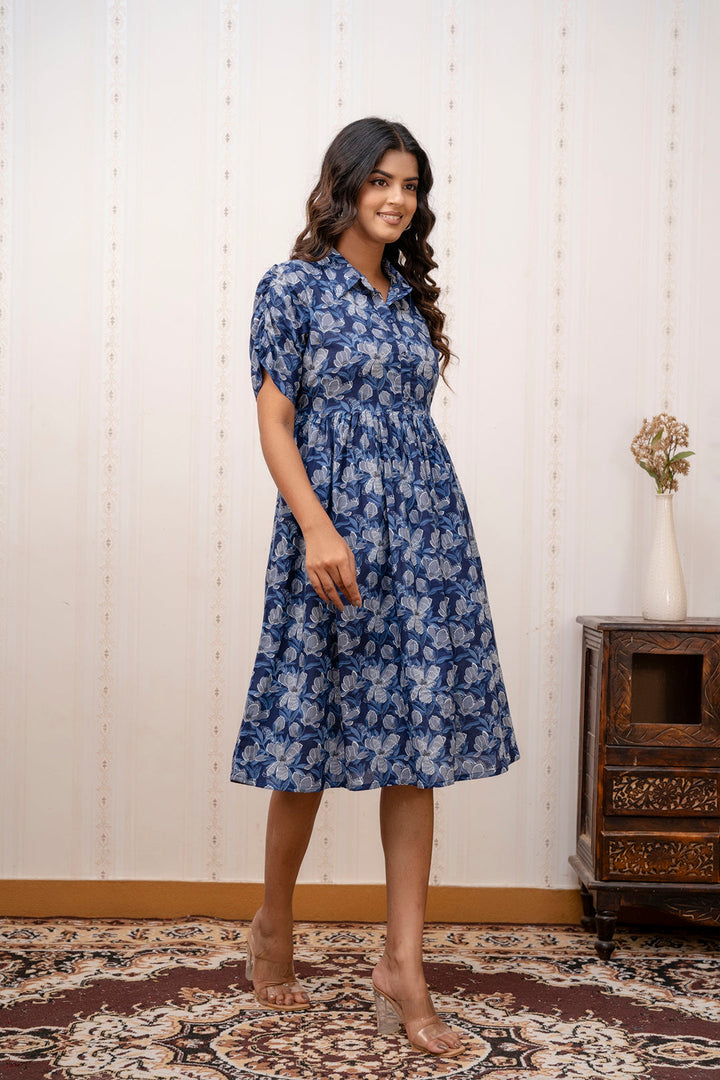 TUNIC-Navy Blue Printed midi dress