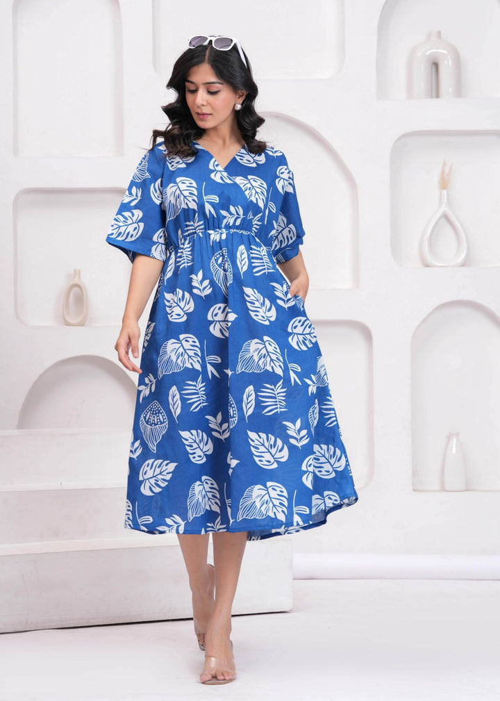 DRESS-Cotton Blue Printed Midi Dress