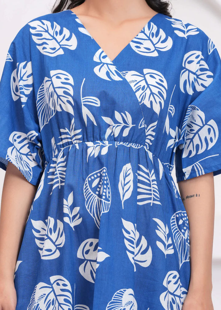 DRESS-Cotton Blue Printed Midi Dress