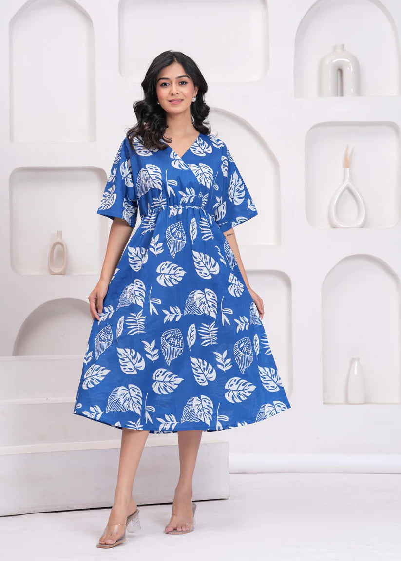 DRESS-Cotton Blue Printed Midi Dress