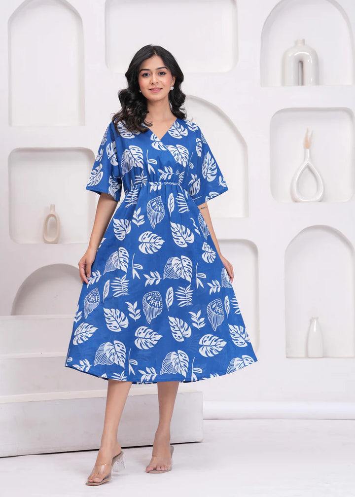 DRESS-Cotton Blue Printed Midi Dress