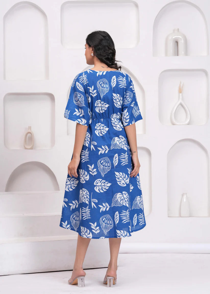 DRESS-Cotton Blue Printed Midi Dress